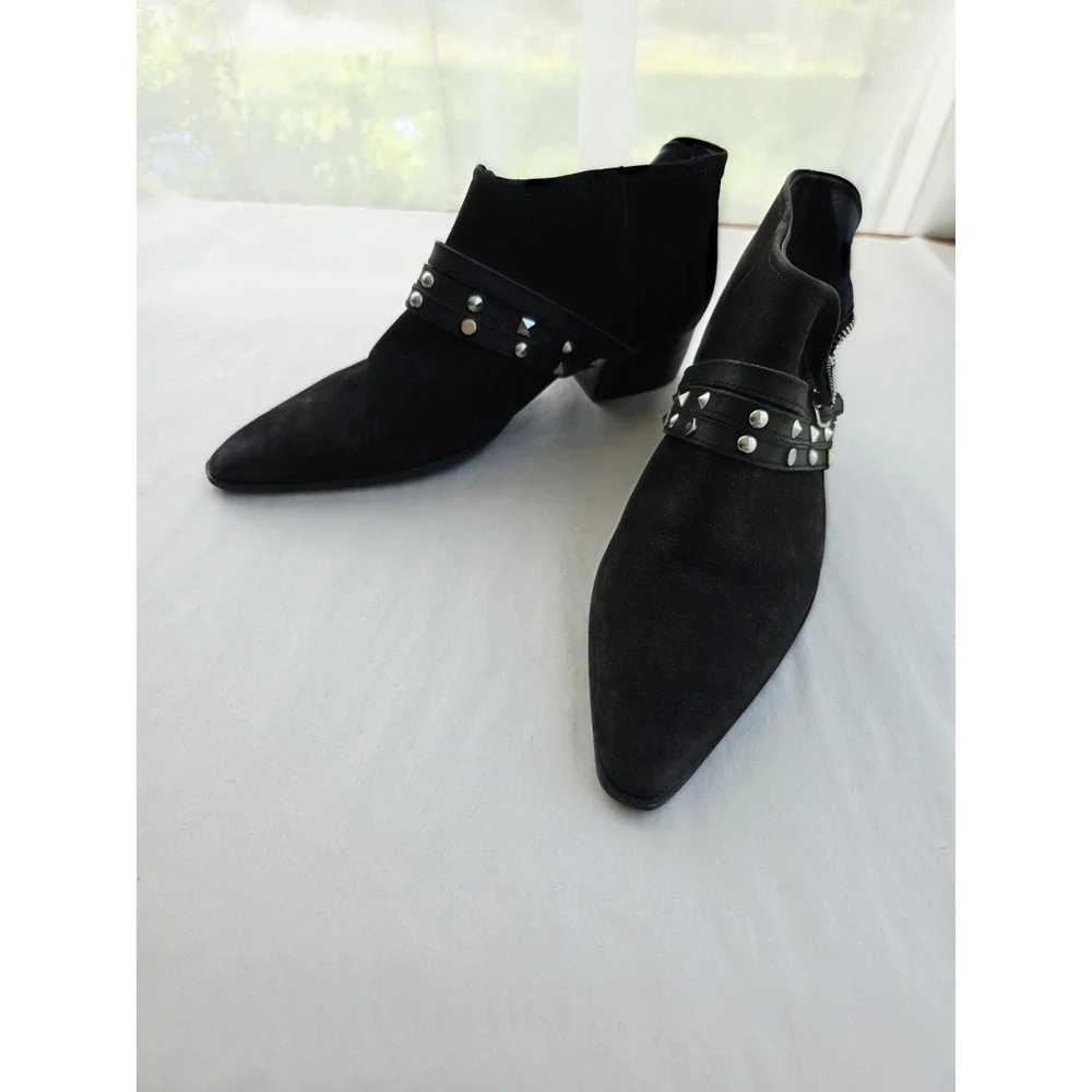 Free People Chesa Black Suede Leather Studded Low Bootie Size 37 US 7 NEW Grunge